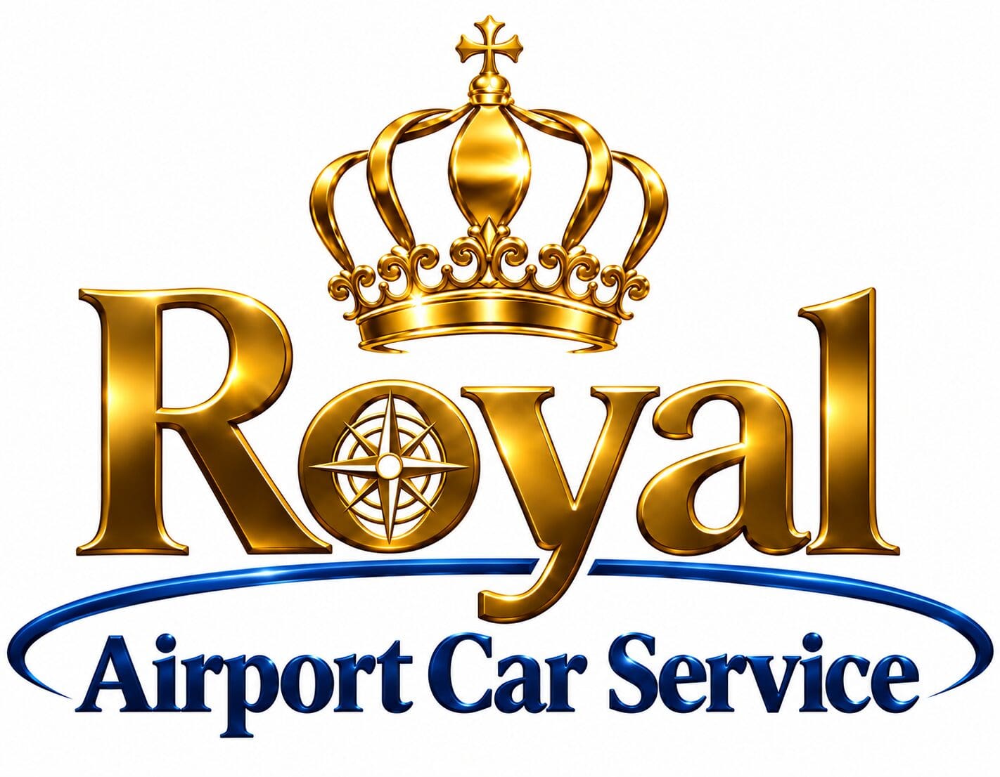 Royal Airport Car Service logo: gold 'Royal' with crown, compass in the 'O', and blue curved 'Airport Car Service' text.